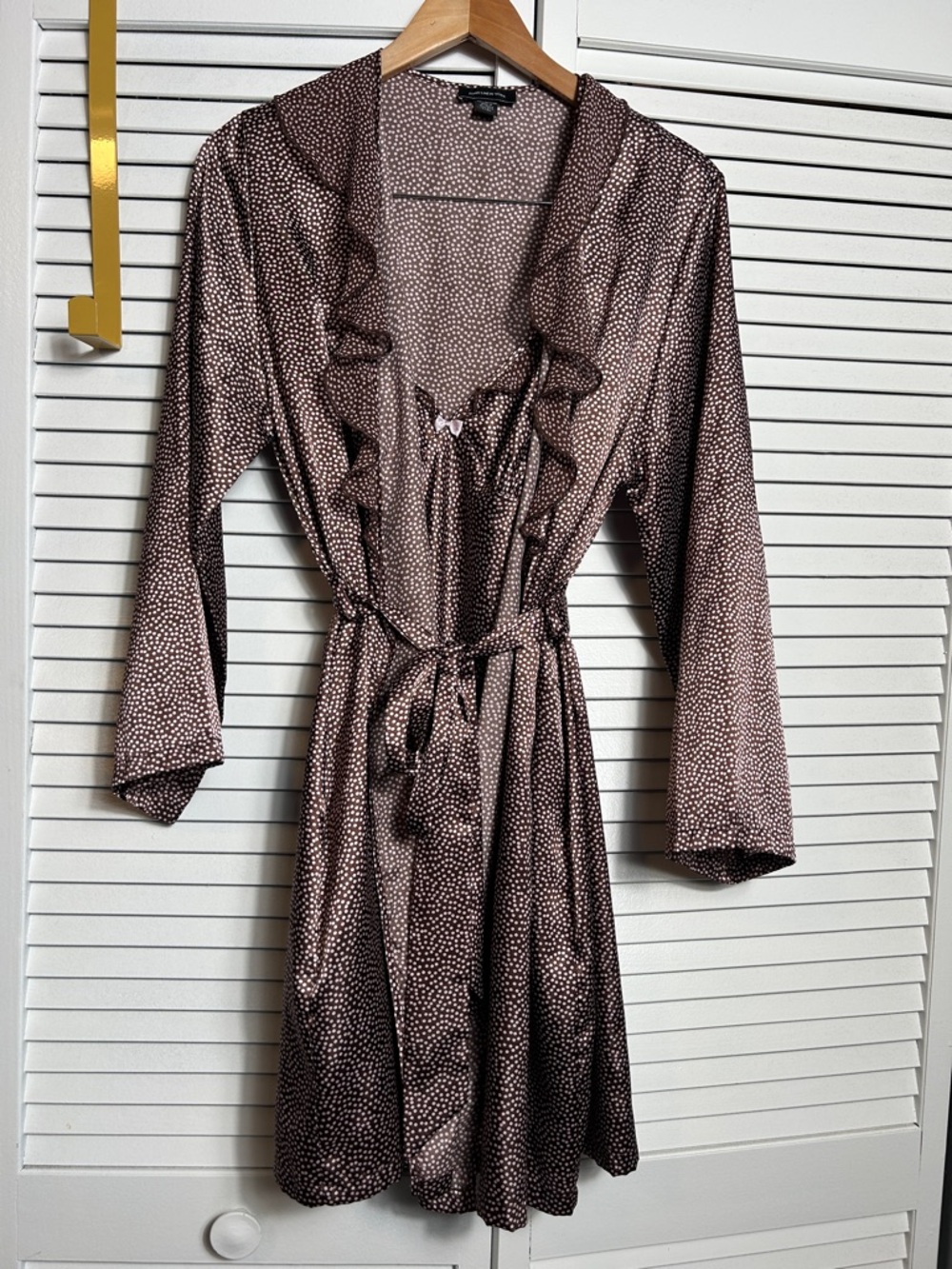 Jones New York Brown Polka Dot Satin Ruffle Robe and slip set L/  XL